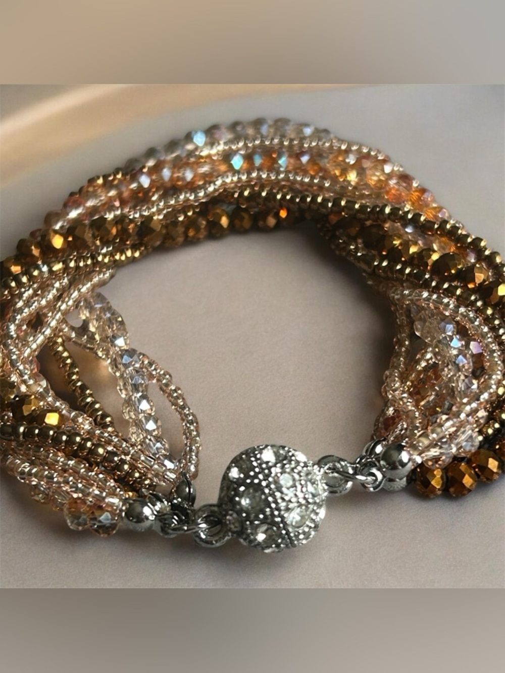 Multi-Strand Champagne Faux Crystal Bead Bracelet with Magnetic Pave closure 8”